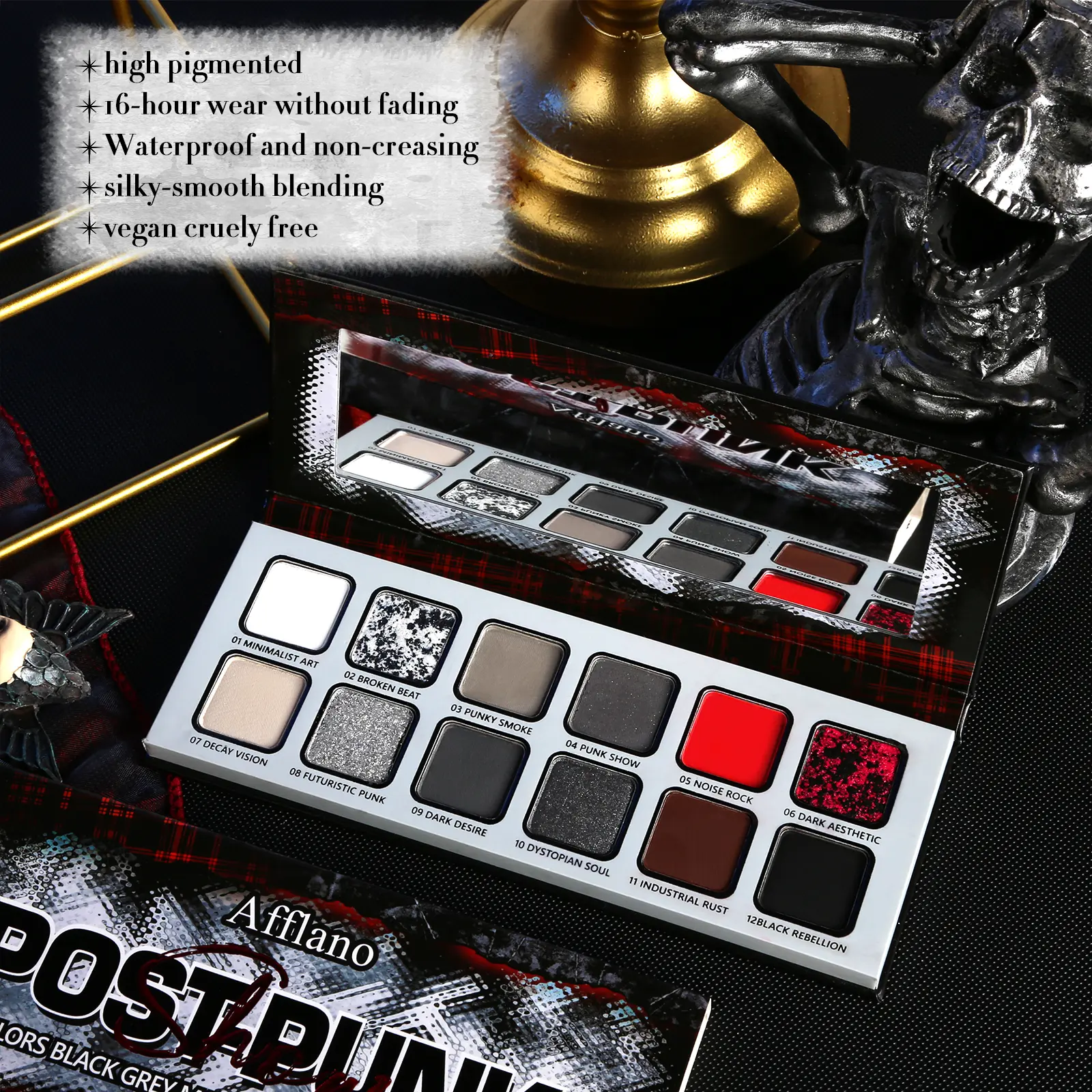 Afflano Red & Grey Smokey Eyeshadow Palette - Highly Pigmented, Long Lasting & Waterproof Cosmetic for a Flawless Goth Makeup Gift, Highly Pigmented Palette, Easy Eye Makeup