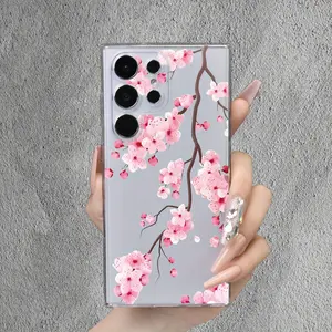 Cherry Blossom Pattern Transparent TPU Phone Case for Samsung Galaxy S23 Series/S22/S21/S20/A55/A54/A53/A52/A34/A33/A32/A25/A24/A23/A14/A13/A05 - Minimalistic Trendy Universal Fit Soft Cover