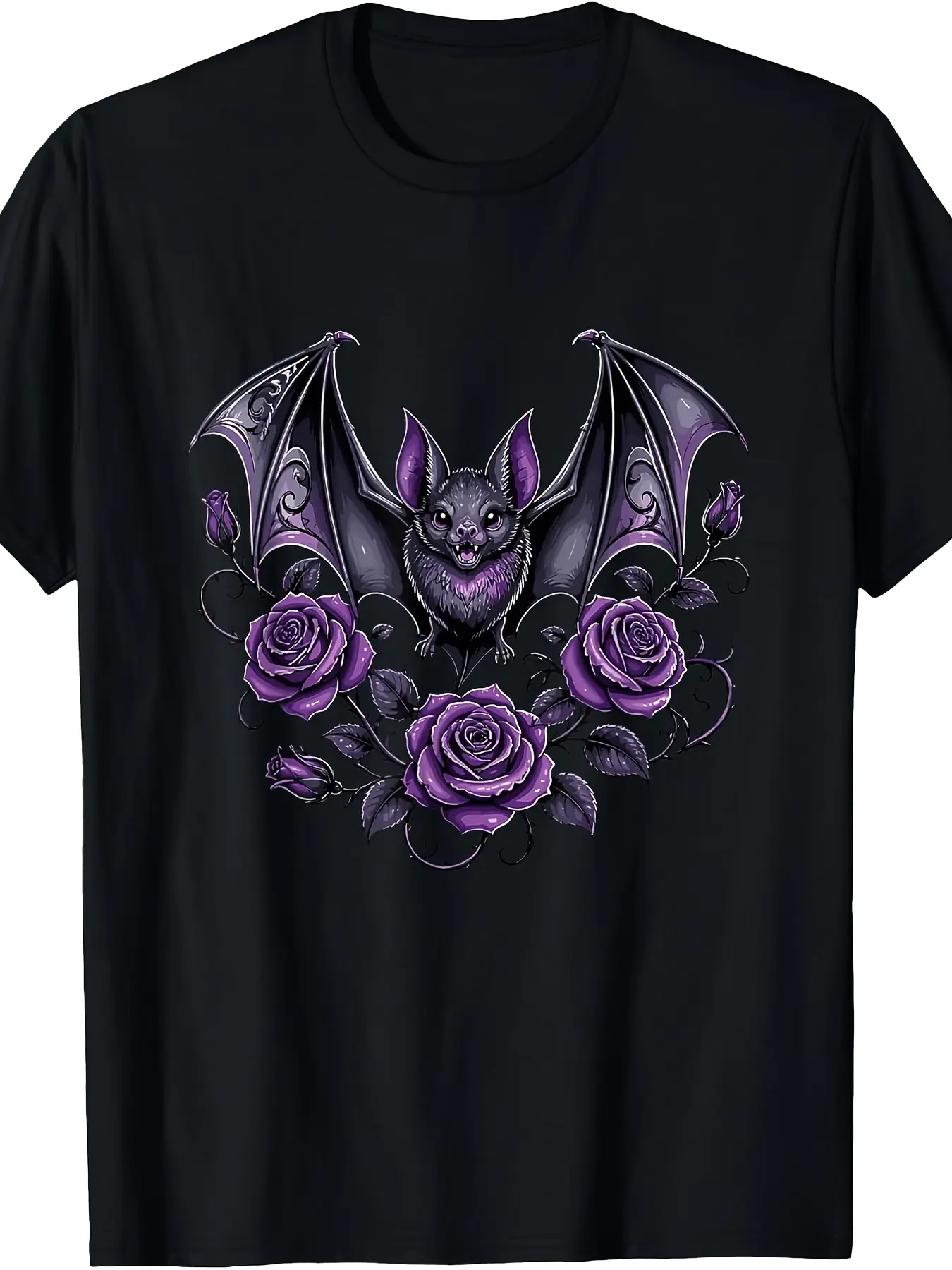 Vampire Bat with Purple Roses Gothic Aesthetic TSh unisex soft cotton short sleeve t shirt, vintage graphic casual tee for men women teens, perfect birthday holiday gift for camping travel gym daily street  wear