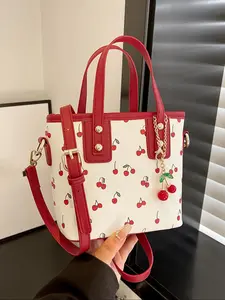Women's All Over Cherry Print Handbag with Cute Cherry Charm Decor, Fashionable Zipper Closure Crossbody Bag for Daily Commute, Casual Trendy Versatile High-quality Daily Commuting Bag