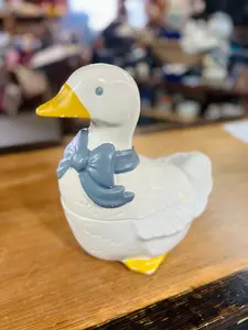 Vintage Mother Goose Cookie Jar with Blue Bow Scarf with Yellow Feet - Country Kitchen