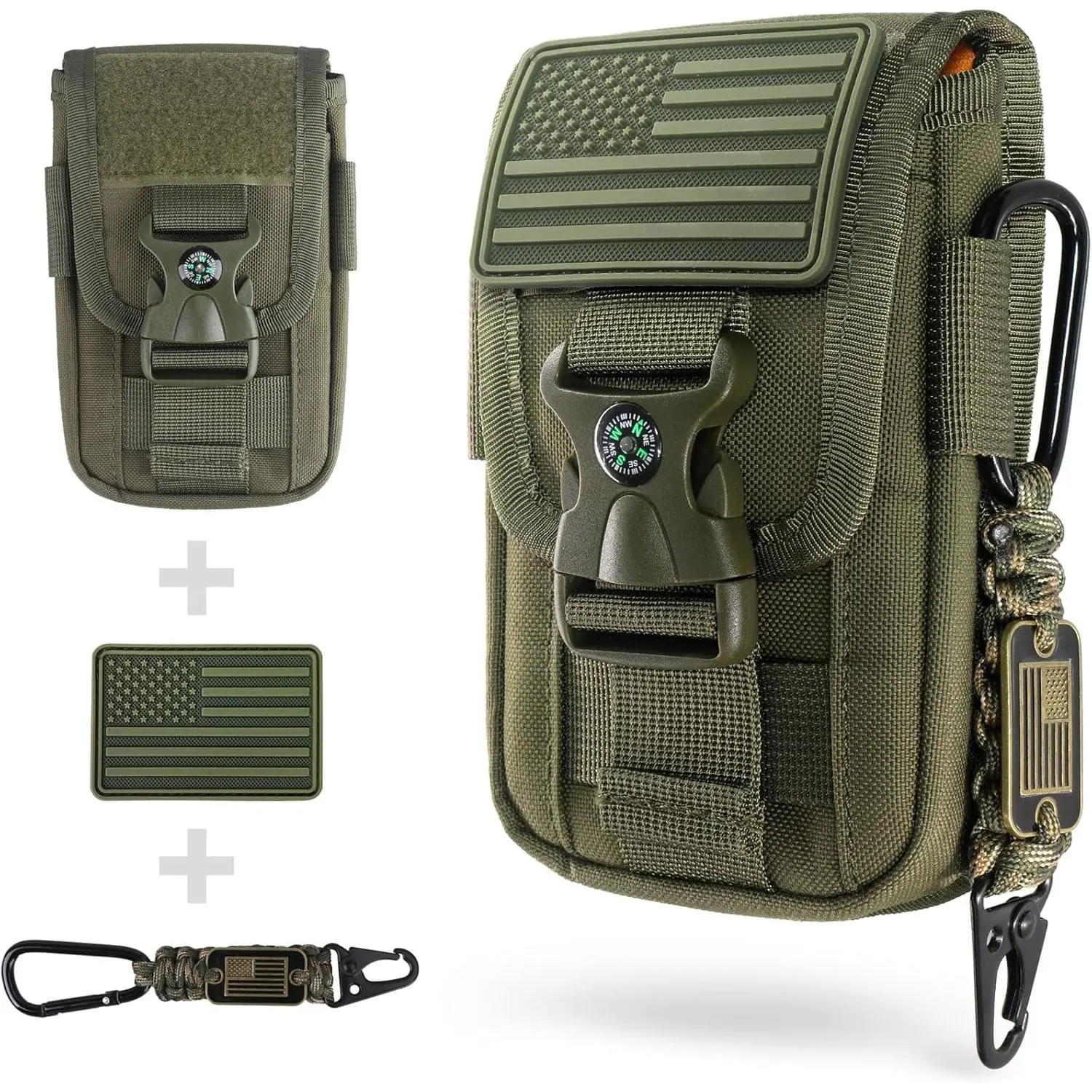 F-PHP09  Tactical Molle Phone Pouch with Compass Buckle, Tactical Phone Holster Molle Cell Phone Pouch Universal Belt Waist Bag for IP 15/14/13 Pro Max / S22/S21 with US Patch & Paracord Keyring Clip