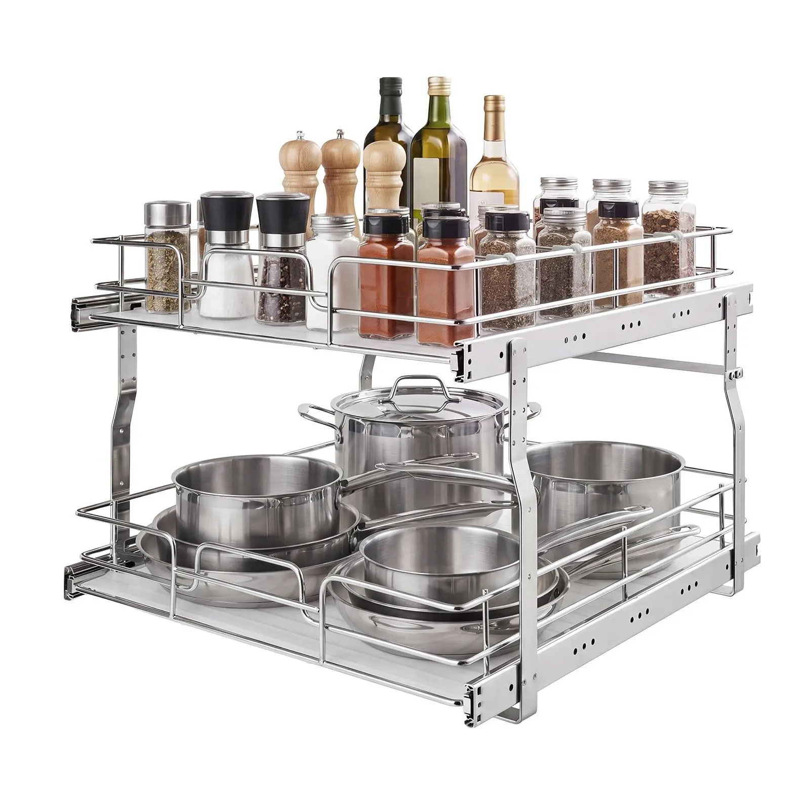 VEVOR 2-Tier Pull-Out Kitchen Storage Organizer Rack, 20"W x 21.22"D Smooth Slide-Out Drawers, Chrome Finish Heavy-Duty Steel Frame Shelf for Kitchen Base Cabinets, Easy Installation