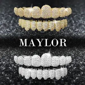 MAYLOR Unisex Hip Hop Iced Out Diamond Grillz, Cubic Zirconia Teeth Grillz Non-Custom Fit, Full Coverage Top & Bottom Teeth Caps, Rapper Style Mouth Jewelry for Party Cosplay Performance Gift