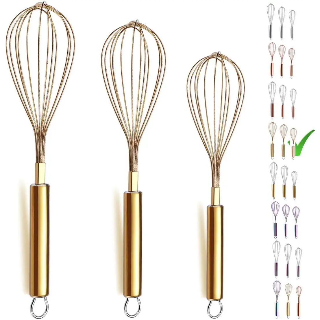 Gold Whisk Pack of 3 Stainless Steel 8",10",12", Titianium Plating Gold Whisks for Cooking, Beater,Wire Whisk Set Kitchen Wisk (Gold)