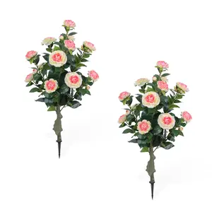 2 Set Artificial Roses With Plastic Stems and Iron Pickets, PE Rose Flowers and Artificial Foliage For Outdoor Indoor Garden, Patios, House,Wedding Party Decorations