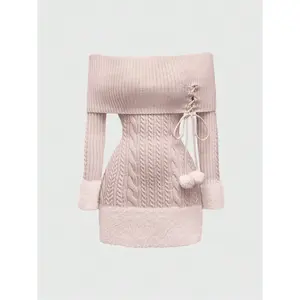 Chic one-shoulder plush ball sweater dress for women, slim-fit knitted long-sleeve party dress, elegant women’s clothing for special occasions