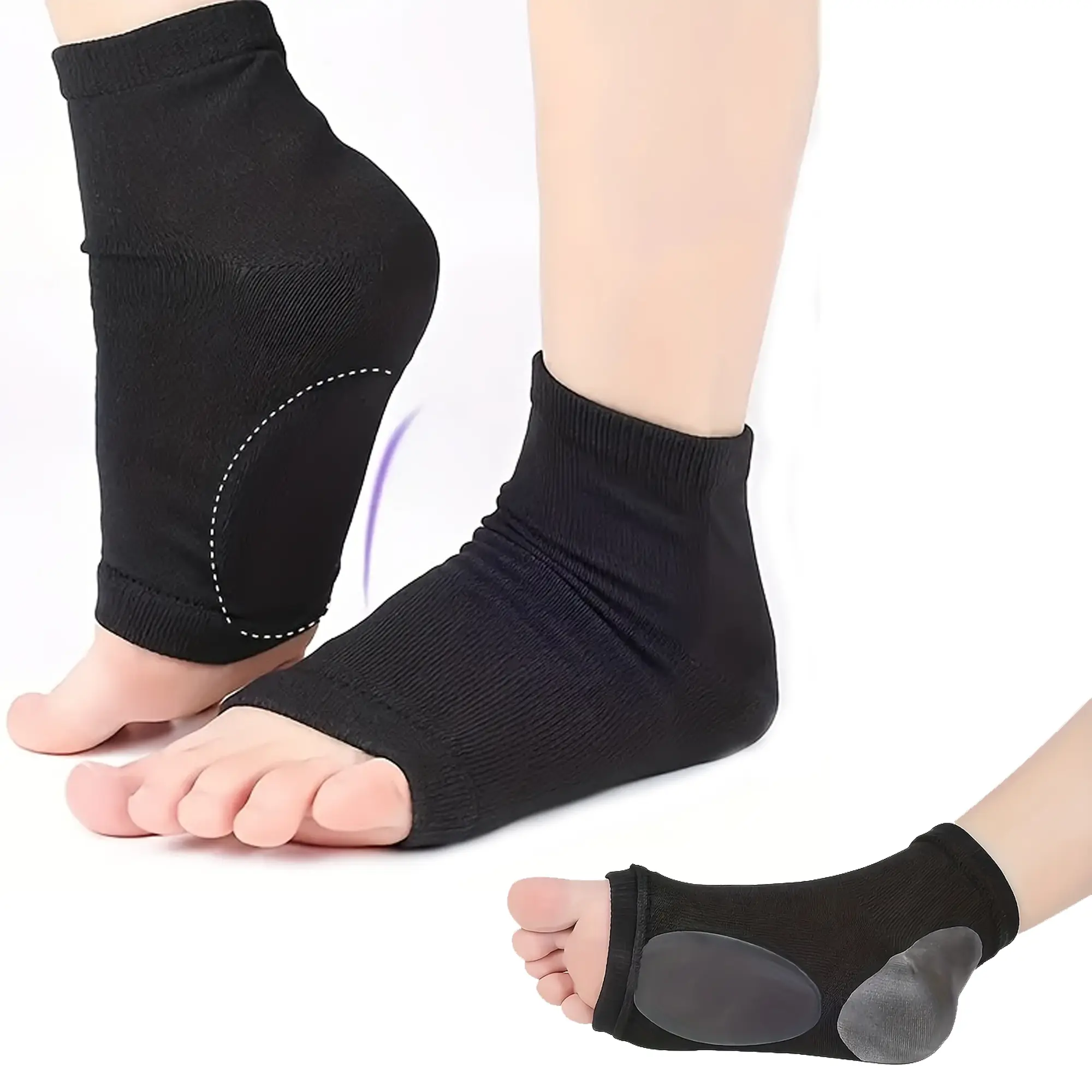 Silicone Gel Heel Socks for Adults, Open-Toe Washable Moisture-Locking Socks, Hydrating Support for Dry Hard Cracked Skin, Bursitis and Tendonitis Repair, Reusable, Hydration, Heal Cracks, Foot