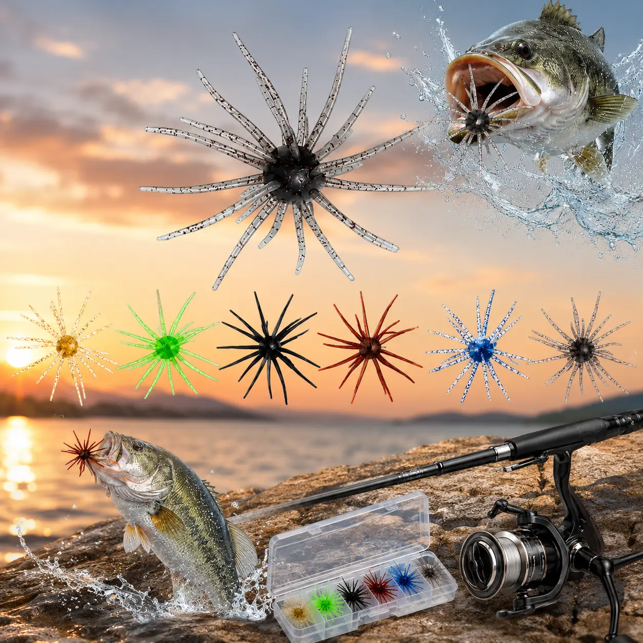 Sea Urchin Shaped Bass Fishing Lures, Simulated PVC Soft Fishing Lure, Silicone Soft Bait for Bream, Bass, Tilapia & Pike, Ideal for Drop Shot Rig