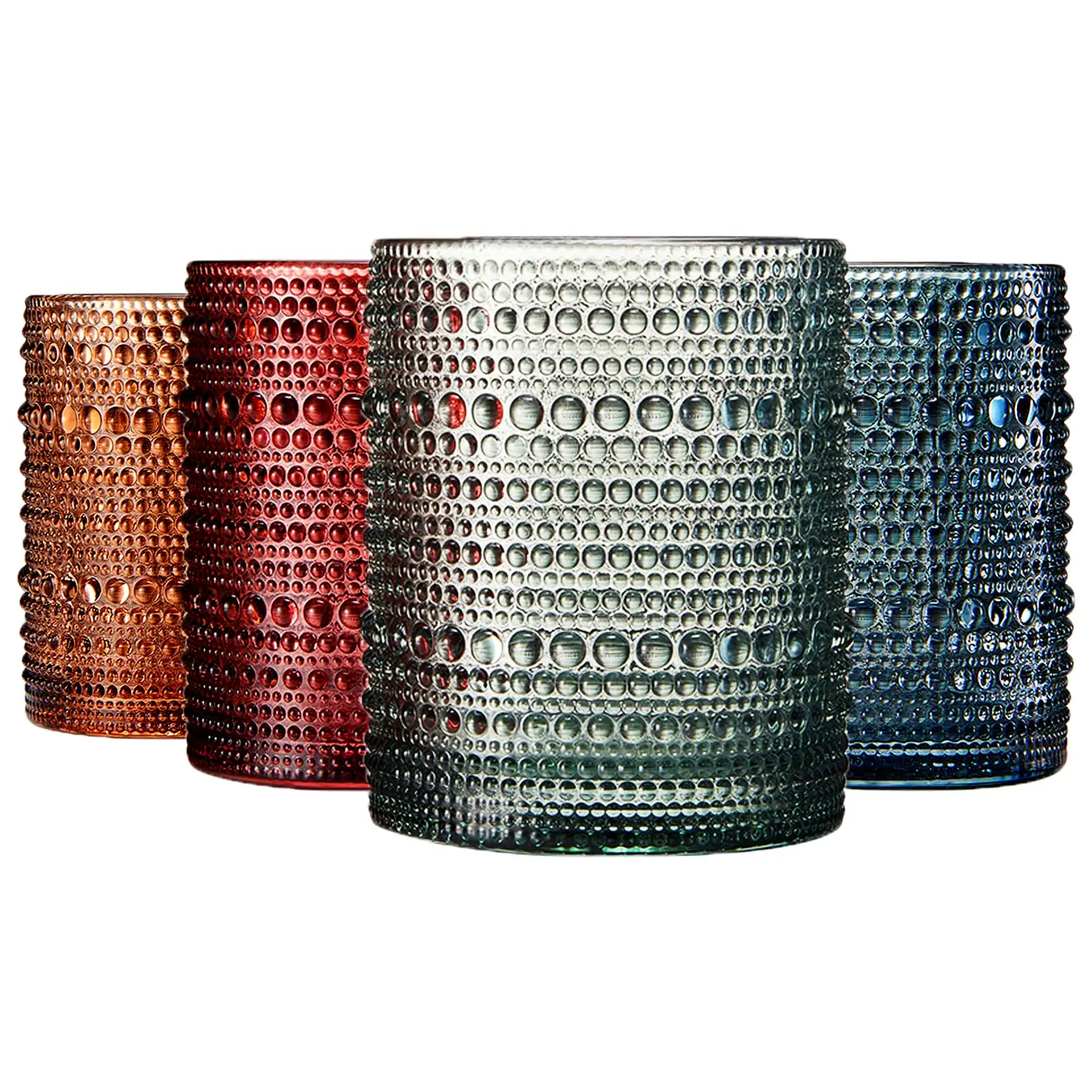 Khen Colored Glass Glasses | Set of 4 | Large Art Deco Glassware Muted Vintage Glasses for Wine, Champagne, Cocktail, Margarita, Wine Glass, Gift Idea, Muted Pastel Colors Goblets - Hobnail Beaded