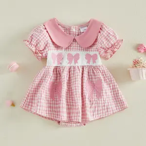 Meihuida Baby Girl Outfits Short Sleeve Bows Embroidery Smocked Plaid Bubble Romper Dress Newborn Girls Clothes Summer