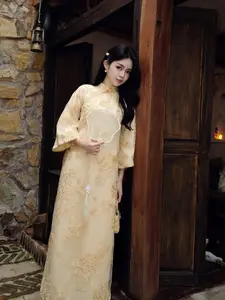 Gold Yellow Chiffon Ao Dai with Gold Silk Pants for Vietnamese Wedding Dress Bridesmaid Elegant Traditional Dress