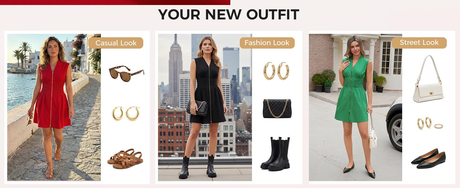 Fisoew Women's Sleeveless Tank Mini Dress Casual Zip Front V Neck Loose Summer Smocked Dresses with Pockets