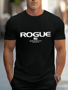 Men's T-shirt with ROGUE lettered American flag pattern, Athletic Letter Print, a fitness, sports and casual short-sleeved men's sweatshirt, Athletic Style Activewear