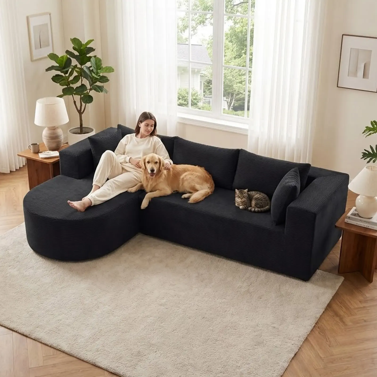 Boneless Sectional Couch Cozy Corduroy L-Shaped Sectional Sofa - Cloud-Like Comfort Over-Sized Couch for Living Room, Deep Seat Modular Settee, Aesthetic Furniture for Home Office & Apartment