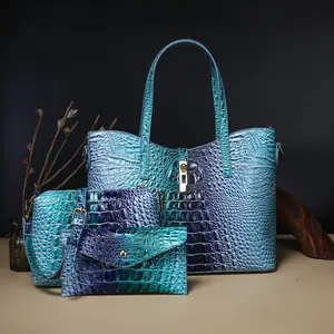 Three-piece Set: Colorful Crocodile Pattern Large Capacity Faux Leather Handbag and tote Bag, Matching Wallet Set