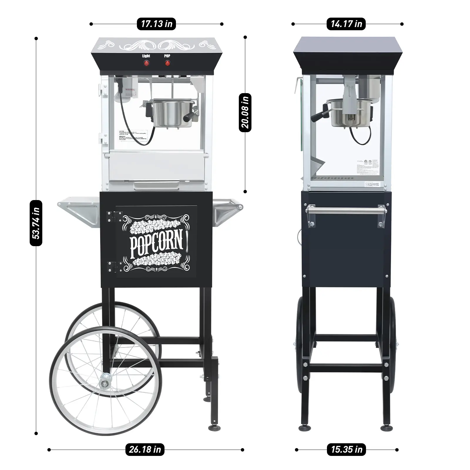 Nostalgic Vintage Style 8oz Black Stainless Steel Commercial Popcorn Machine with Serving Cart, 32 Cups/Batch, 594w Power Warm Lamp, Glass Door, Wheels, Supply Cabinet, Standard Plug - for Movie Nights, Parties