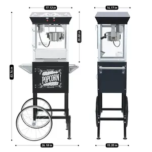 Commercial Popcorn Machine with Cart in Sleek Black - 8oz Kettle Pops 32 Cups/Batch, with Warming Lamp, Glass Door & Wheels for Theater, Parties