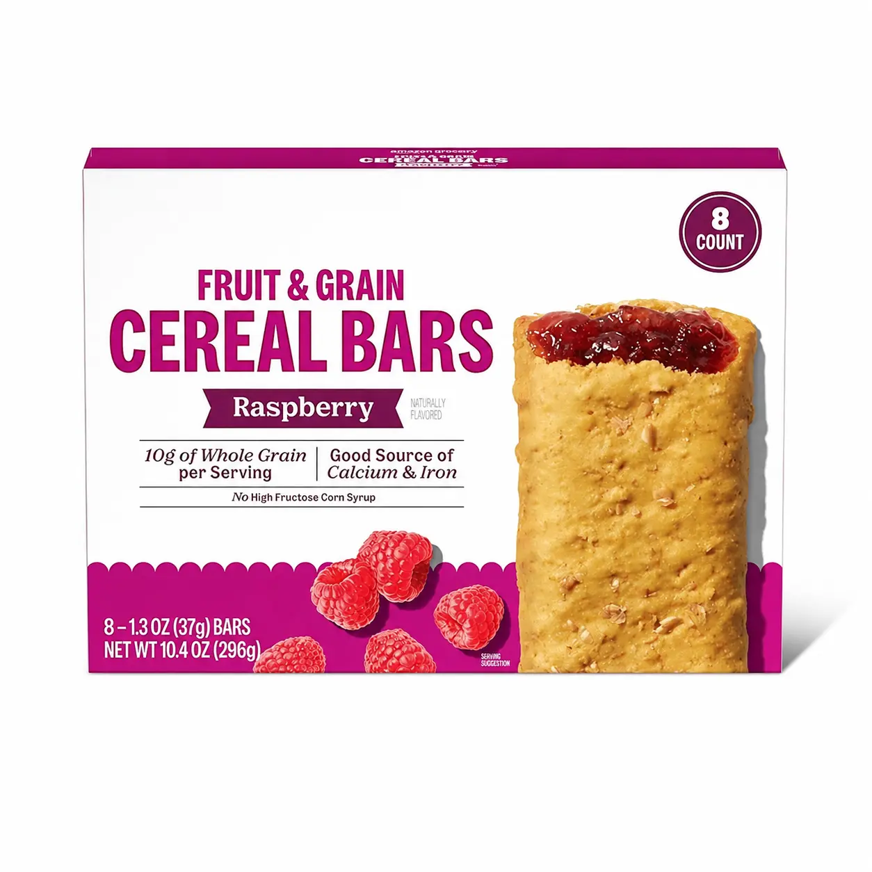 Raspberry Fruit & Grain Cereal Bars, Soft Baked Breakfast Snack Bars, Ready to Eat Whole Grain Snack, 1.3 Oz Bars, 8 Count