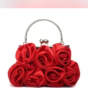 Floral Embellished Fabric Clutch - Red Rose Design with Sparkling Handle Fashion Accessory