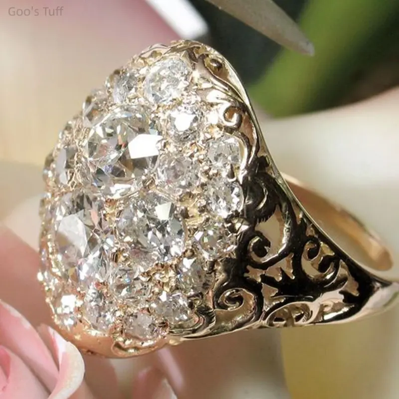 Women's Oversized Dome Statement Ring, Gold-Plated Copper Costume Jewelry Inlaid with Cubic Zirconia, Bold Design Luxury Accessory for Banquet Gifts