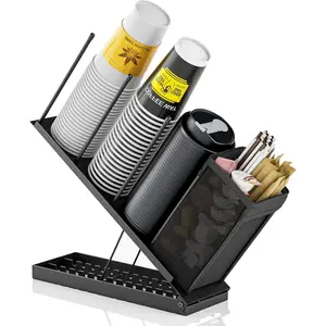 Cup and Lid Holder, Adjustable  Cup Holder Organizer, 4 Compartment Coffee Cup Dispenser, Straw Dispenser for Countertop, Coffee Station Bar, Office Breakroom, Black