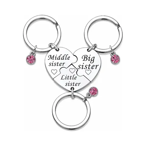 Sister Keychain Set - 3-Piece Big Middle Little Stainless Steel Puzzle Heart Keyrings with Pink Crystal Charms, Matching Sister Gift for Birthday, Graduation, Christmas, Sisters Day or Long-Distance Keepsake