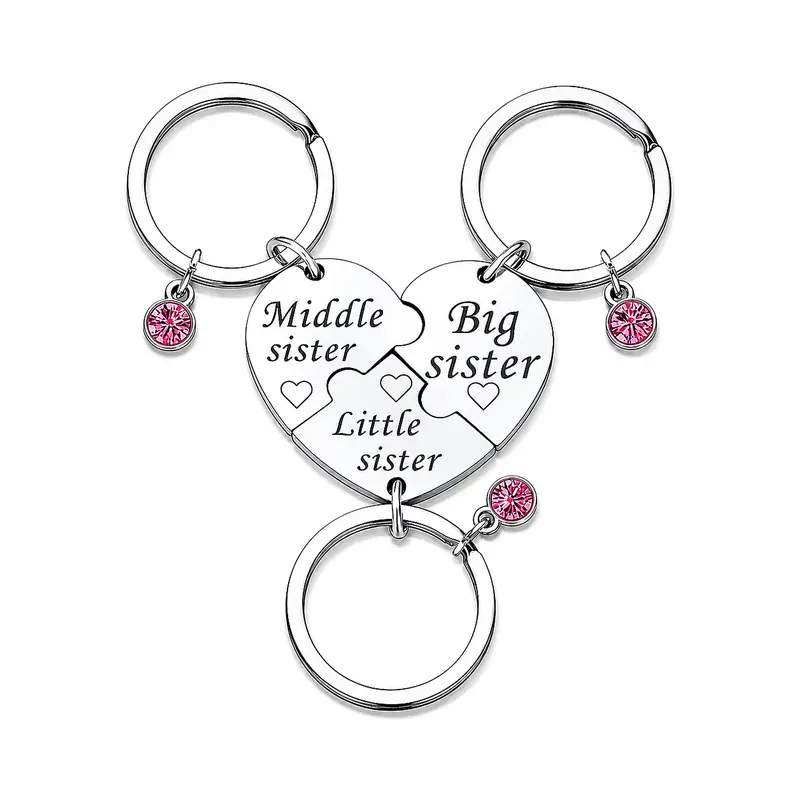 Sister Keychain Set - 3-Piece Big Middle Little Stainless Steel Puzzle Heart Keyrings with Pink Crystal Charms, Matching Sister Gift for Birthday, Graduation, Christmas, Sisters Day or Long-Distance Keepsake