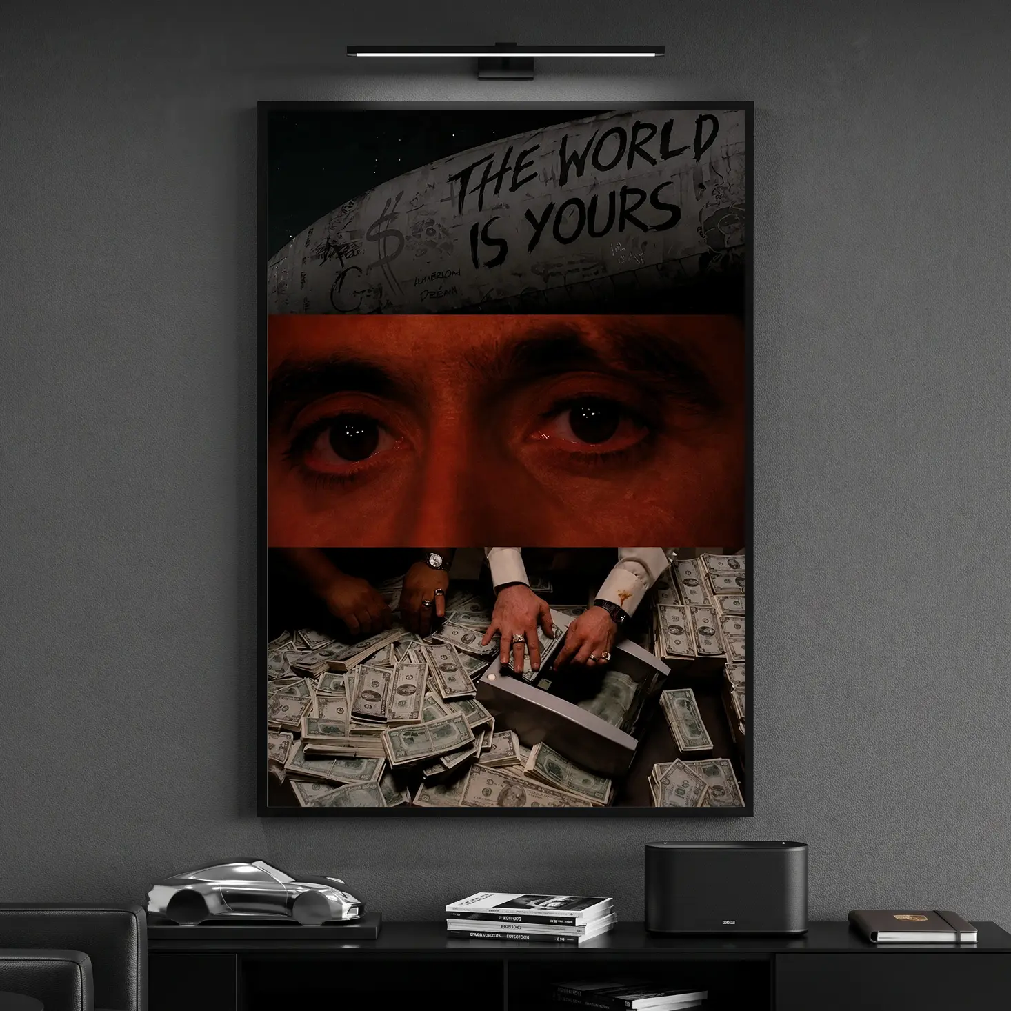 Scarface Tony Montana The World Is Yours Tri Panel Wall Art Print, Vintage Gangster Movie Montage Poster With Cash Stacks & Iconic Quote, Aesthetic Wall Decor Picture Suitable for Bedroom Living Room Dorm Study Bar Coffee Shop Office Man Cave Game Room
