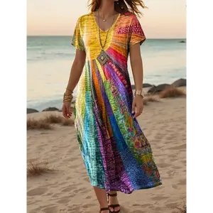 summer  new style dress unique curvy women Elegant Loose Women'S Stylish Tie-Dye Beach Dress - Vibrant Rainbow Print, Short Sleeve, V-Neck, Polyester Maxi for Summer Vacation, Attire|Vibrant Print Dress|Polyester Fabric