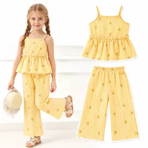 Summer Girls Stripe Cami Top and Wide Leg Pants Set, Casual Bow Print Two-Piece Outfit for Playtime, Summer Outfits Set, Fashion Style Sets, Fashion Clothes Set