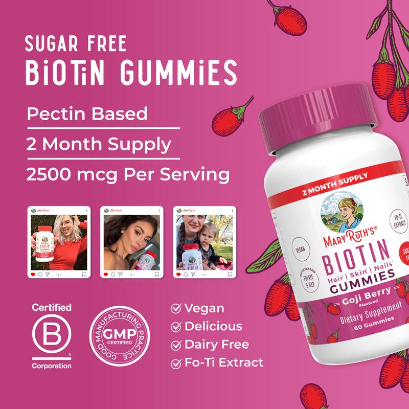 MaryRuth's Biotin Gummies - Sugar Free - 2 Month Supply - Nutrients for Hair Skin & Nails - Biotin 2500mcg - Zinc - B Vitamins - Vegan - 60 Count