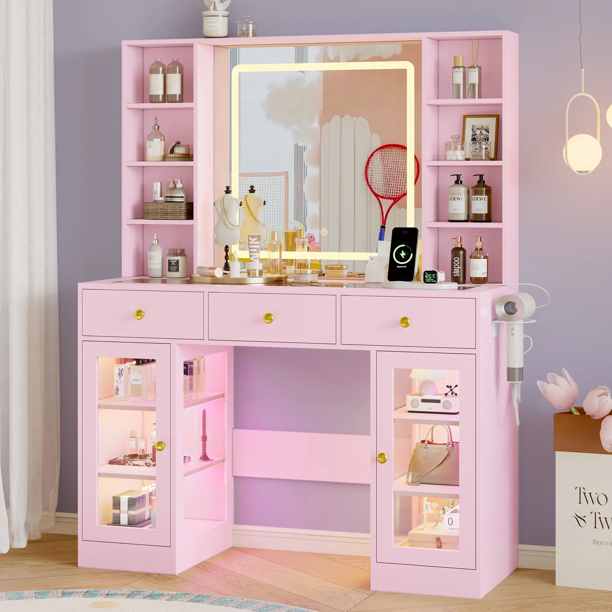 White Modern Makeup Vanity Desk - Glass-Top, RGB-Lighted Drawers, Power Outlet, Storage Shelves & Cabinets - Stylish Illuminated Multi-Light Makeup Vanity for Bedroom, Makeup Vanity With Lights, Stylish Makeup Vanities fathers day gift ideas