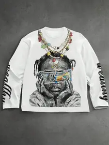 Unisex 'wealthy' Graphic Long Sleeve Shirt with Round neck, Artistic Portraits, Soft Comfortable Fabric, Fitted, Urban Streetwear Style, Casual Street Fashion for Everyday Wear and Casual Gatherings