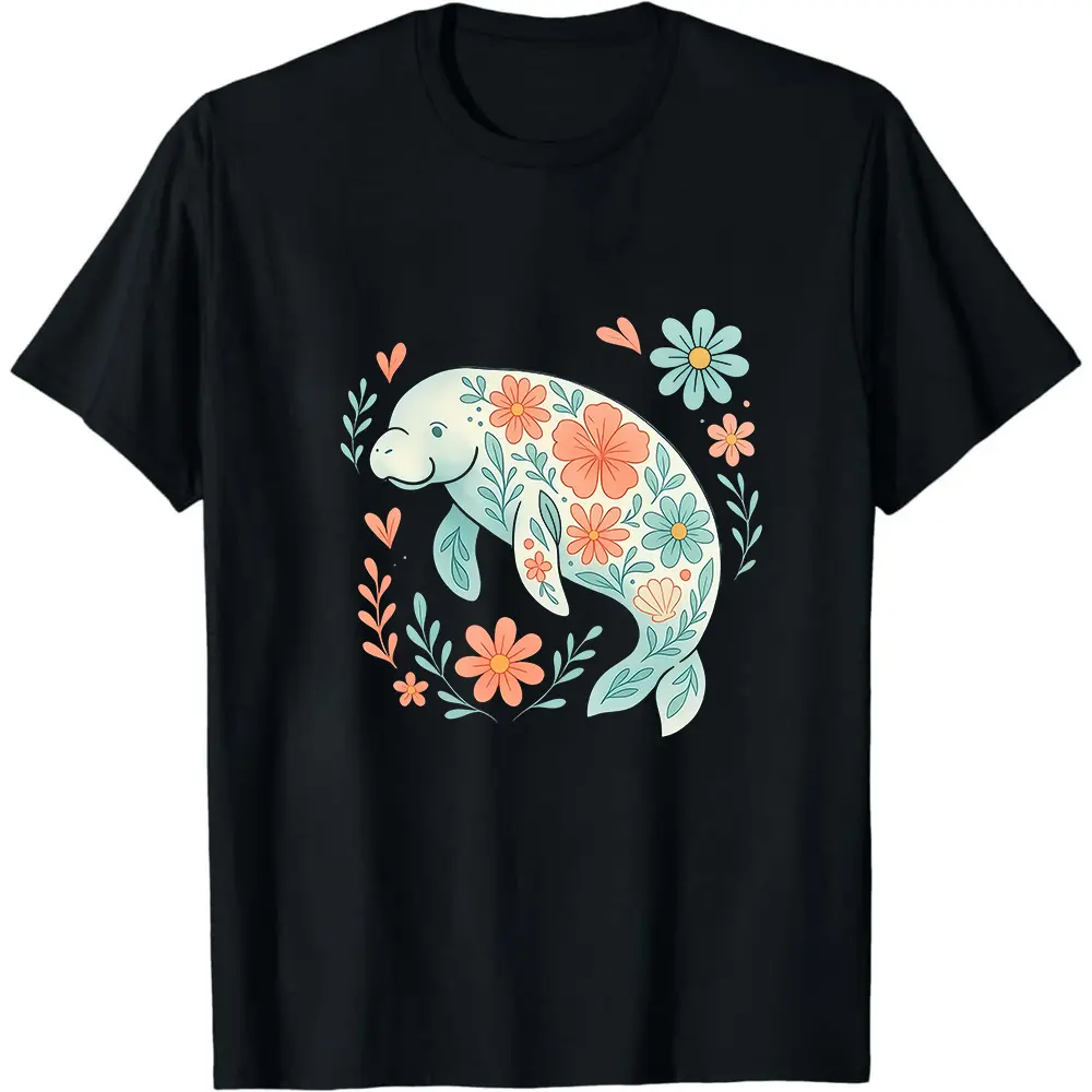 Graphic T-Shirt for Women with Manatee Print, Casual 100% Cotton Short Sleeve Top with Ribbed Collar and Seamless Design, Smooth, Shortsleeve, Knit, Elastic, Fabric, Fit, Loose, Digital Print, Combed Cotton, Baggy, Solid