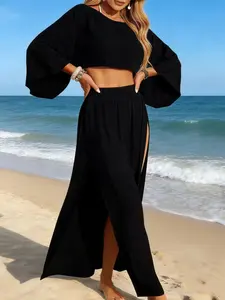 Fashion Casual Short Top and Split Skirt Set, Summer Vacation Lightweight Sheer Beach Cover-Up, Two-Piece Swimsuit for Women, Swimwear Cover Up, Beach Cover Ups