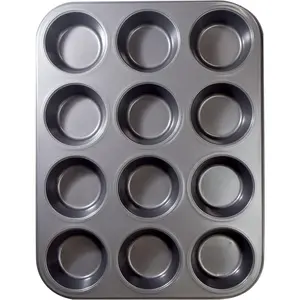 Bakeins 12 Cup Muffin and Cupcake Pan – PFOA, BPA, and PTFE Free Non-Stick Coating – Duty Carbon – Dishwasher Safe – Gray – 13.75" x 8.25" x 1.125"