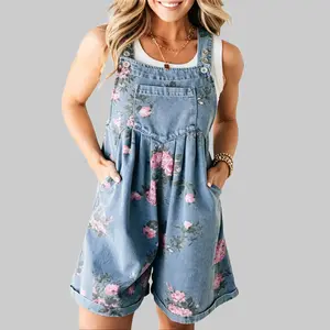 Vintage Cute Floral Print Pleated High Waist Wide Leg Denim Jumpsuit 50% Polyester 50% Cotton Adjustable Straps Breathable Womenswear Flower Power Overalls Rompers