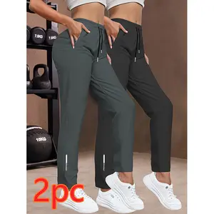 2-pack women’s high-waisted slim running pants, ice silk high-stretch quick-dry long pants with drawstring and zippered pockets, suitable for all-day casual wear
