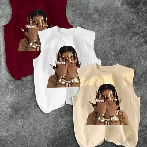 Men's Three-Piece Trendy Casual Oversized Loose Sleeveless Vest Set, Face-Wiping Woman Graphic Print, Perfect for Summer Clothes, Vacation, Friend Gatherings