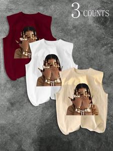 Men's Three-Piece Trendy Casual Sleeveless Vest Set, Face-Wiping Woman Graphic Print, Perfect for Summer, Vacation, Friend Gatherings