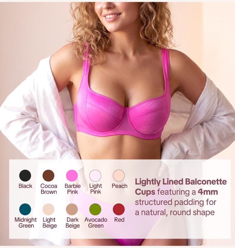 HSIA Starry Night 4mm Lightly Padded Plus Size Lifting Support Add 0.5-1 Cup Size Balconette Bra Underwire Glass Shimmer Fabric U Shaped Back Smoothing Wider Padded Straps Sexy Demi Low Cut Natural Push Up for Big Bust Women Daily Lingerie