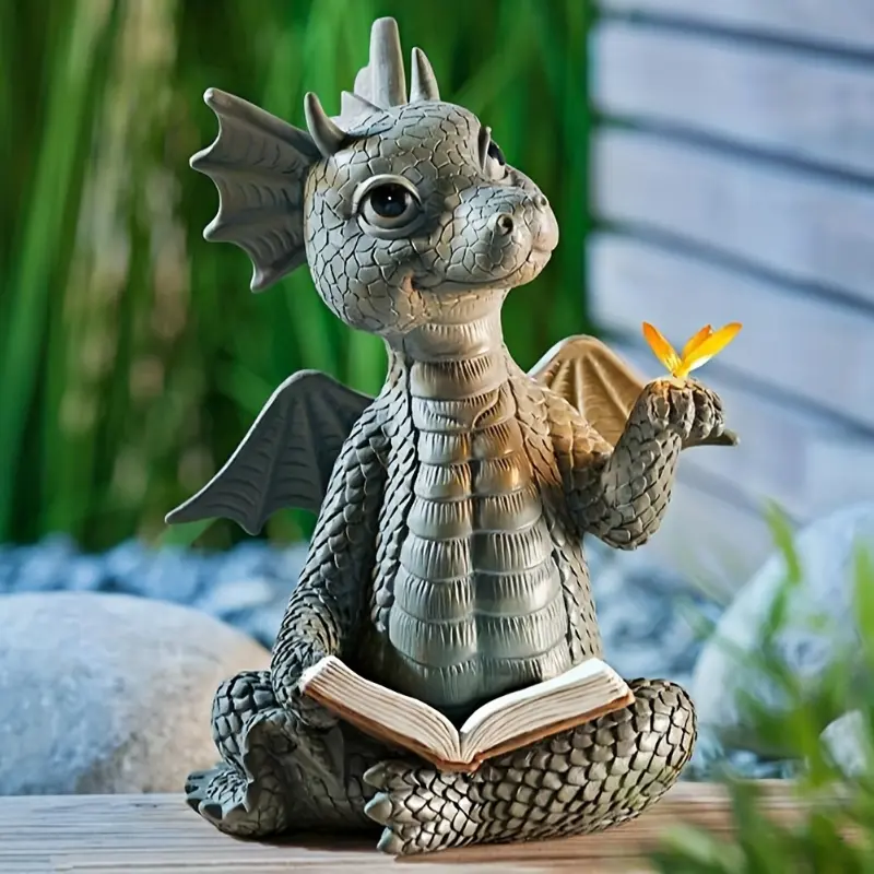 1pc, Baby Dragon Statue Reading Baby Dragon Statues Handmade Home Office Decor Resin Ornaments For Patio Yard Backyard And Lawn