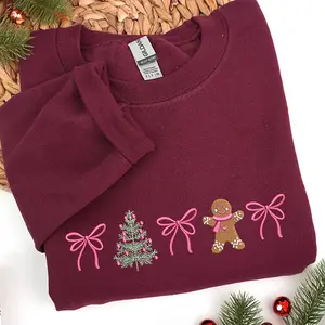 Embroidered Coquette Bow Christmas Sweatshirt, Gingerbread & Christmas Tree Embroidery Sweater, Christmas Sweatshirt for Womens