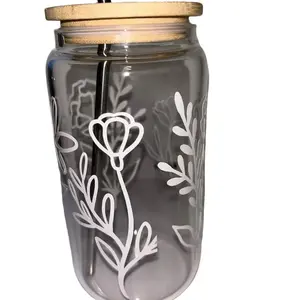 White Floral Glass Cup with Wooden Lid - Elegant Design Featuring Floral Etchings