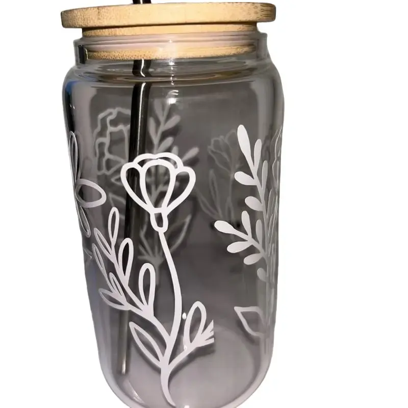 White Floral Glass Cup with Wooden Lid - Elegant Design Featuring Floral Etchings