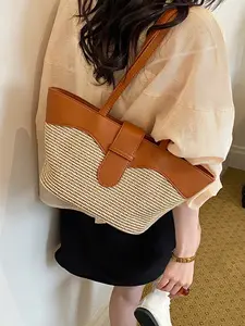 2026 New Vintage Straw Patchwork Tote Bag, Large Capacity PU Leather Shoulder Bag, Casual Daily Commute Beach Vacation Versatile Woven Bag