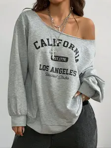Women's Casual Loose-Fit Letter Print Knit Sweatshirt, Comfortable Homewear, Spring & Fall Fashion, Daily Wear Essential, Tops