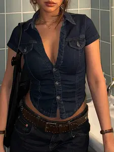 Imitation Denim Fabric Button Front Blouse Top Boho Style Crop Womenswear, Stylish Casual Look for Everyday Wear, Comfortable and Trendy Apparel for Fashion Lovers