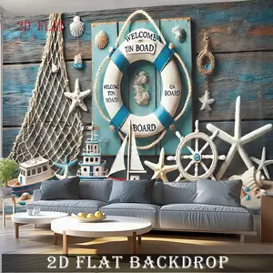 A 2D flat beach-themed banner, designed for various celebrations, including weddings and birthdays. It features a blue wooden background with patterns of lifebuoys and boats, making it perfect for family events and coming-of-age ceremonies